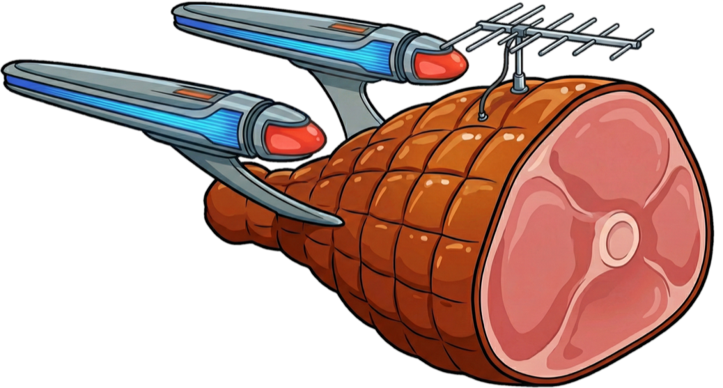 The K7NCC hamship: a glazed ham under warp nacelles with a Yagi antenna